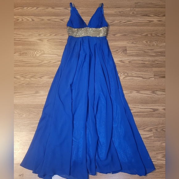 Elegant Blue Evening Gown with Gold Beading by Scala - Picture 10 of 16